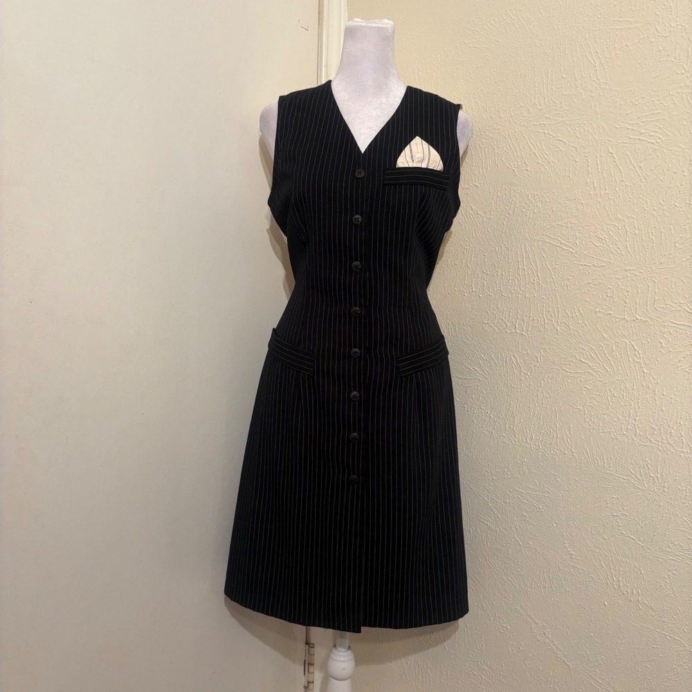 California Concepts Vintage Black White Pinstripes Button Front Vest Dress S
